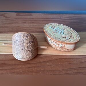 Birch Bark Jewelry Box & Hair Barrette Set Hand Carved Vintage